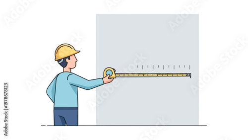 Construction worker measuring a wall with a tape measure flat design vector illustration for home renovation and building concepts