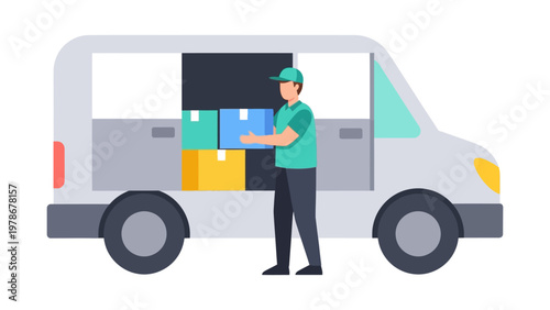 Delivery man loading cardboard boxes into a white van flat design vector illustration for logistics and shipping services