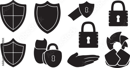 Security icons set with shields and locks on white background