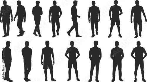 Collection of eighteen male human body silhouettes in different poses Keywords: male, man, human, body, silhouette, standing, poses
