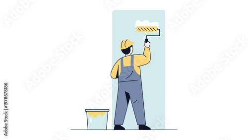 Professional painter in overalls and hard hat painting a wall with a roller vector illustration for home renovation services