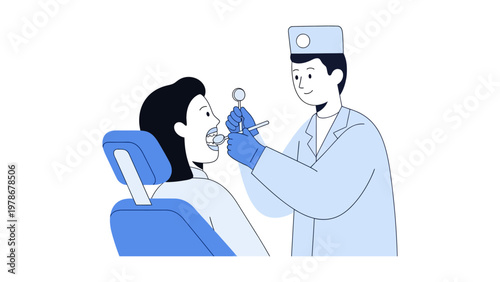 Dentist examining patient teeth in dental clinic flat design vector illustration for oral healthcare concept