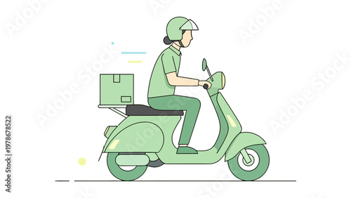 Delivery courier riding a green scooter with a package box flat design vector illustration for logistics and shipping services