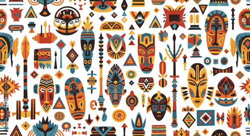 African Tribal Masks and Totem Elements Seamless Pattern Vector Illustration Featuring Ethnic Ritual Symbols and Colorful Geometric Tribal Art Motifs for Textile Design