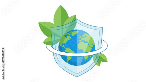 Earth globe protected by a shield with green leaves flat design vector illustration for environmental conservation and sustainability concepts