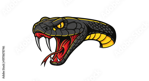 Aggressive Black Snake Head Vector Illustration, Angry Cobra Mascot Graphic Design for Sports Team Logo or Gaming Emblem on Isolated White Background