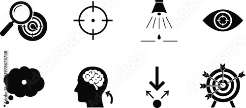 Black and white icon set depicting concepts of surveillance focus and the human mind