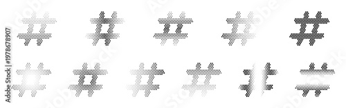 Hashtag Halftone Icon Collection – Hashtag Dotted Circles Halftones Geometric Dots Gradient – Dot Spray Gradient Vector Set – Hashtag Illustration Halftone Gradient