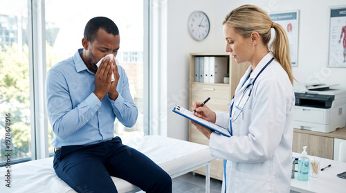 African American man blowing nose at doctor appointment in office