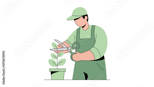 Male gardener pruning a potted plant with shears flat design vector illustration for gardening and plant care services