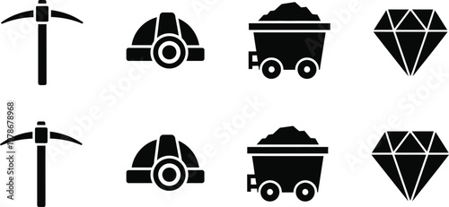 Mining icons set pickaxe helmet minecart and diamond a black glyph illustration for industrial and resource extraction concepts