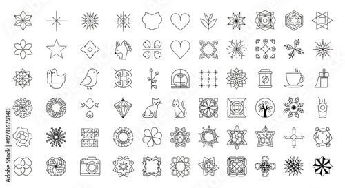 Symbols and floral motifs fill this geometric grid of outline graphics.