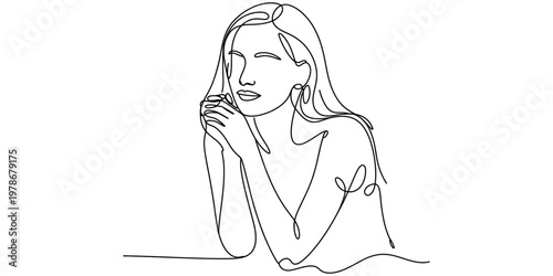 Minimalist continuous line drawing of a thoughtful young woman resting her chin on her hands