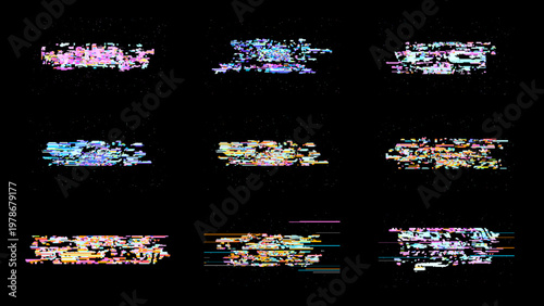 Glitch digital noise background with pixel art distortion and RGB scanline fragments on black. This technology gaming set delivers high contrast cyberpunk style for UI overlays and motion graphics.