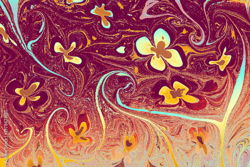 Traditional Turkish Ebru art featuring classic red tulip motifs on marbled paper background