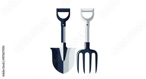 Pair of essential gardening tools featuring a spade shovel and a four-pronged garden fork for digging and soil cultivation.