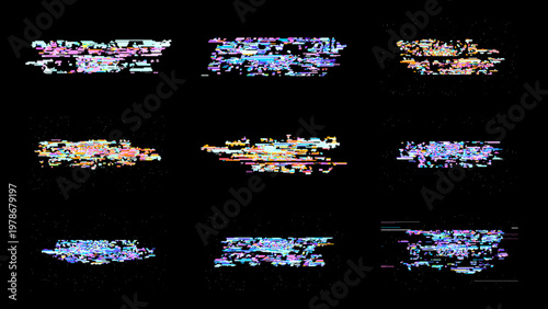 Glitch digital noise background with pixel art distortion and RGB scanline fragments on black. This technology gaming set delivers high contrast cyberpunk style for UI overlays and motion graphics.