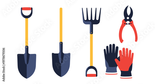 Professional set of garden tools including shovels, a fork, pruning shears, and protective gloves for landscaping and planting tasks.