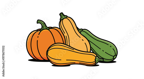 Group of ripe autumn vegetables featuring a pumpkin, butternut squash, and zucchini in warm orange and green colors for harvest themes.