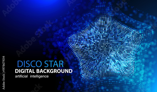 Disco star background. Music poster vector. Glowing shiny star banner or flyer design illustration. Led blurred glitter concept.