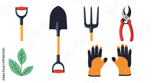 Gardening equipment collection including a small shovel, pitchfork, shears, orange gloves, and a green leaf for outdoor hobbyists.