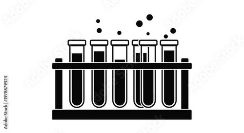 Laboratory rack holding multiple test tubes filled with fluids and rising bubbles, shown as a clean black silhouette for chemistry.