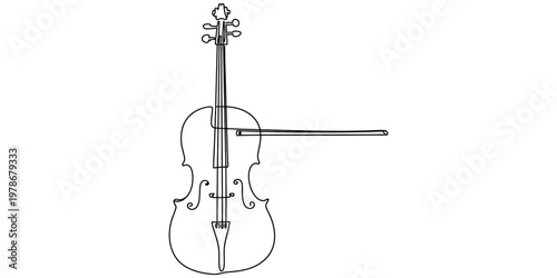 A simple black and white line drawing of a classic cello instrument with a bow placed on strings