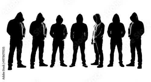 Seven hooded men silhouettes standing in a row