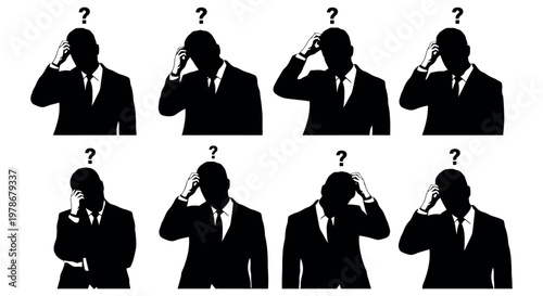 Silhouettes of businessmen with question marks thinking confused