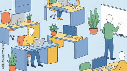 Isometric office illustration with people working on computers and a presenter