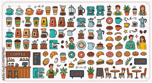 Hand-drawn coffee shop and cafe doodle icon set. Vector illustration of barista, espresso machine, pastry, and beans clip art.