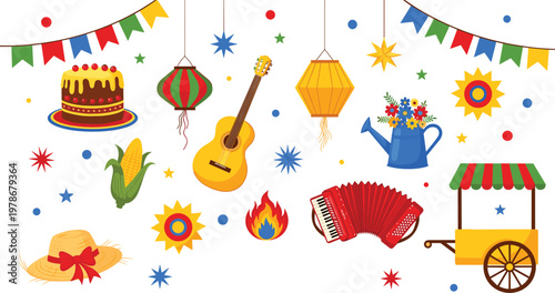 Kids Toys Illustration Set with Building Blocks, Stacking Rings, Doll, Toy Car, and Musical Instruments for Children Design