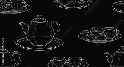Seamless pattern of white line drawings on a black background featuring teapots, cups of tea, and assorted sweet cookies or buns.
