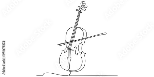 A minimalist single line drawing of a cello and a bow created with a continuous ink stroke style.