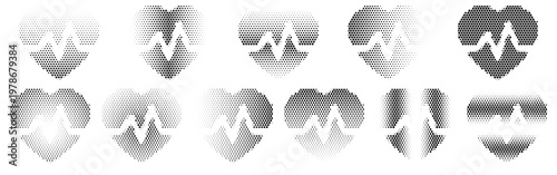 Heart Pulse Halftone Icon Collection – Heart Pulse Dotted Circles Halftones Geometric Dots Gradient – Dot Spray Gradient Vector Set – Heart Pulse Illustration Halftone Gradient