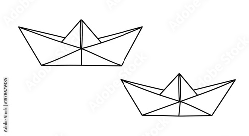 Two simple paper boats drawn in black outline floating on a white background, representing childhood toys and nautical simplicity.