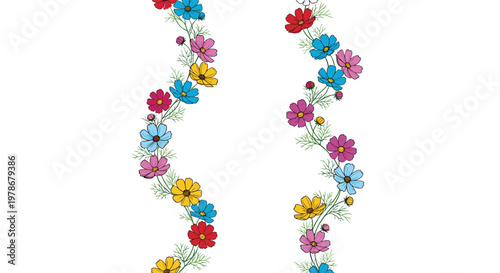 Pair of vertical floral borders created with colorful cosmos flowers and delicate green foliage for elegant stationery and cards.
