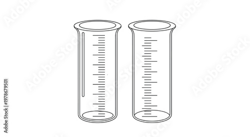 Two graduated cylinders for measuring liquid volumes in laboratory settings are depicted in a precise black and white line drawing for science.