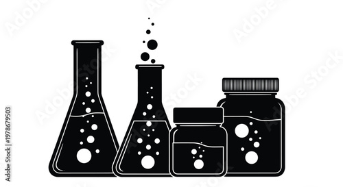 Silhouettes of laboratory flasks and jars filled with bubbling liquid are shown in black and white, representing chemistry and research.