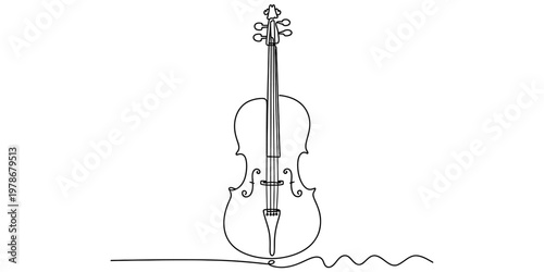 Minimalist continuous line drawing art of a classical cello instrument on a clean white background