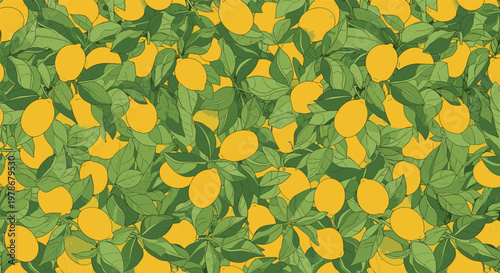 Vibrant pattern of yellow lemons and green leaves creates a seamless and refreshing summer design suitable for kitchen textiles or wallpaper.