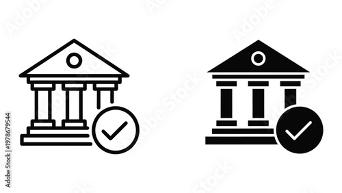 Contrast between traditional and modern bank building icons with verification marks