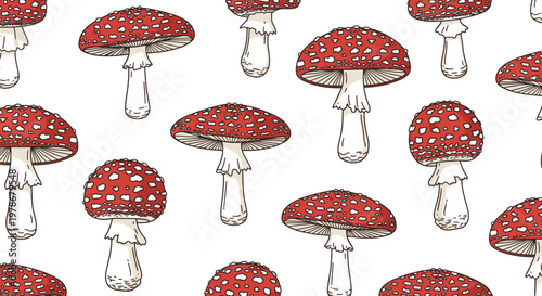 Amanita Muscaria Mushroom Seamless Pattern Vector Illustration, Hand Drawn Red Toadstool Botanical Surface Design for Textile and Wallpaper Background