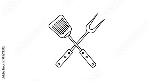 Crossed kitchen spatula and meat fork are presented in a simple black line drawing, symbolizing cooking, grilling, and culinary preparations.
