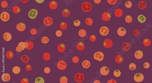 Seamless background features whole and sliced red tomatoes on a dark purple surface, creating a vibrant and appetizing vegetable pattern.