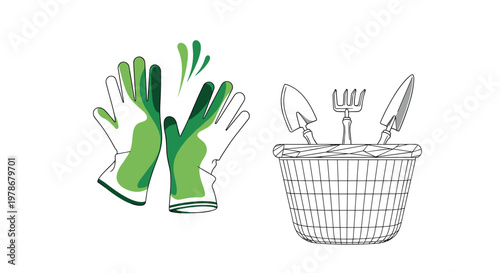 Illustration shows green gardening gloves next to a woven basket filled with tools, perfect for garden-related articles or promotions.