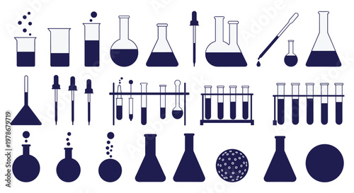Wide assortment of lab equipment silhouettes in dark blue includes flasks, test tubes, and pipettes for scientific design needs.