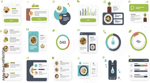Health and Nutrition Mobile App UI Kit with Food Tracking, Diet Analytics, Dashboard Elements, and Wellness Interface Screens Vector Illustration for Digital Design.