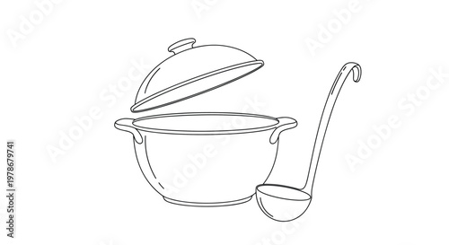 Simple black line drawing features a cooking pot with an open lid and a ladle, symbolizing home-cooked meals and kitchen activities.