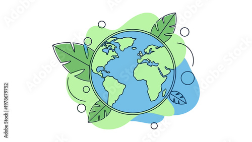 Ecology concept vector illustration of Earth globe surrounded by green leaves and abstract shapes for environmental sustainability